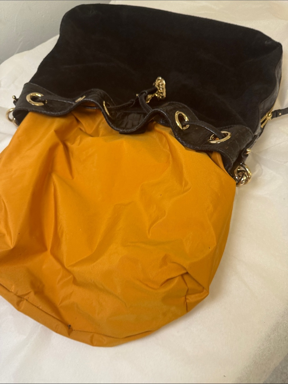 Cole Haan Black Suede Drawstring Shoulder Bag with Gold Hardware - Picture 12 of 12